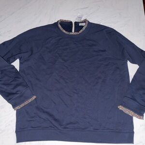 J. Crew Navy Blue Sweatshirt floral trim neck hem wrist zip pullover new nwt xxl